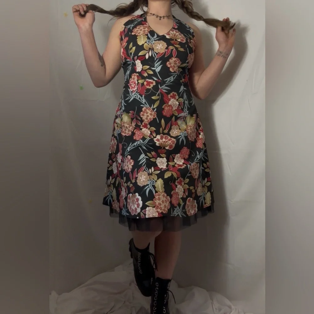 Y2K Black Floral Hawaii Tulle Whimsigoth Fairy Grunge Halter Dress Size M-L - Picture 13 of 16